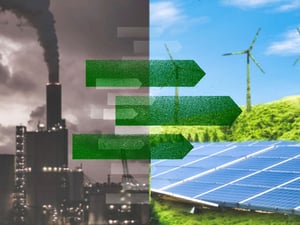 Split graphic of polluted city on one side and renewables on the other.