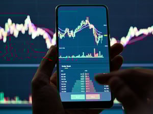 Close up of person looking at a stock chart on phone.