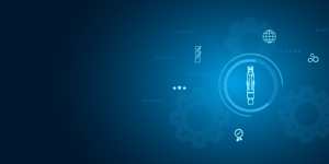 Abstract blue background with NuScale Power Module icon. 